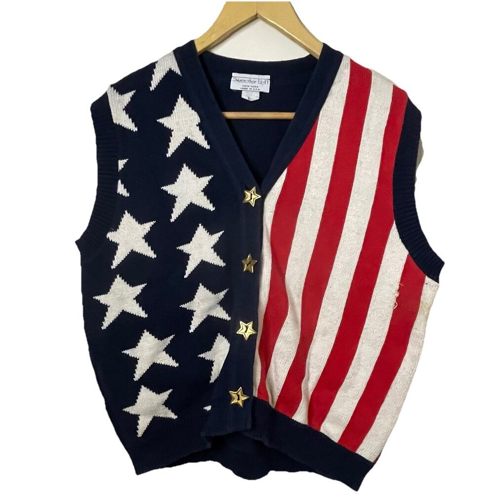 VTG 80s American Flag Knit Sweater Loft VEST Patriotic Cotton Retro USA Buttons
